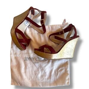 Jimmy Choo suede wedges sandals strappy red leather shoes sz 40 comfortable 8.5
